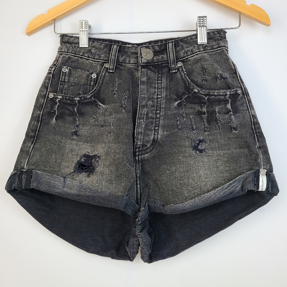 One Teaspoon Black Stone Wash High Waist Button Fly Denim Shorts Sz 23